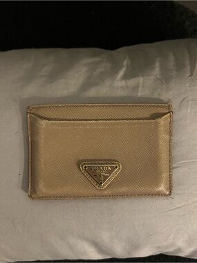 Prada Saffiano Card Holder in Beige with Gold Accent